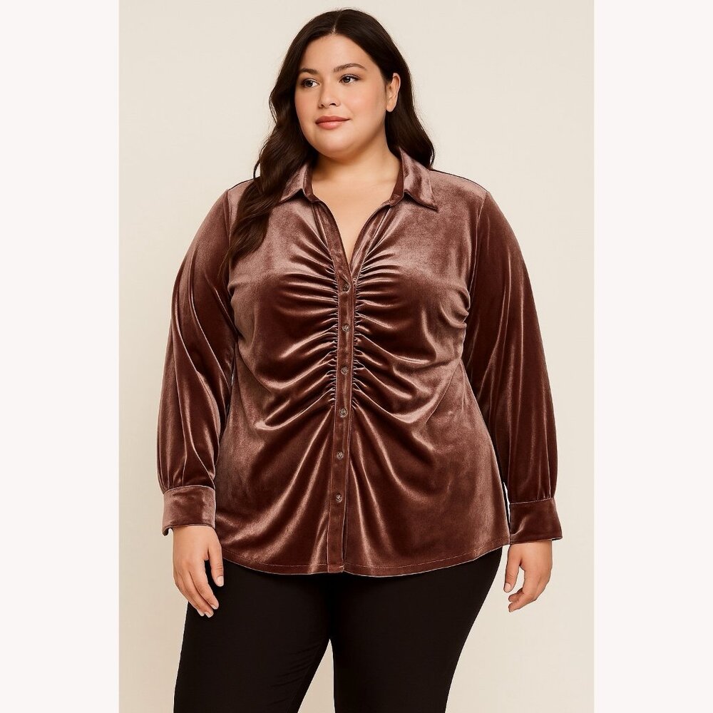 Cato Brown Velvet Ruched Button Down Top Women’s 18/20W Holiday Party Glam Chic